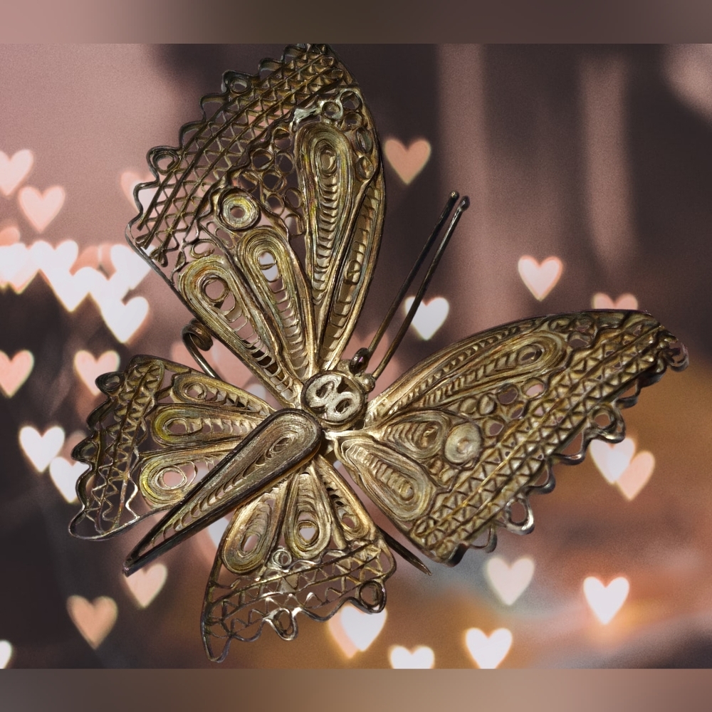 Antique 925 Silver Filigree Butterfly Brooch Pin C Clasp